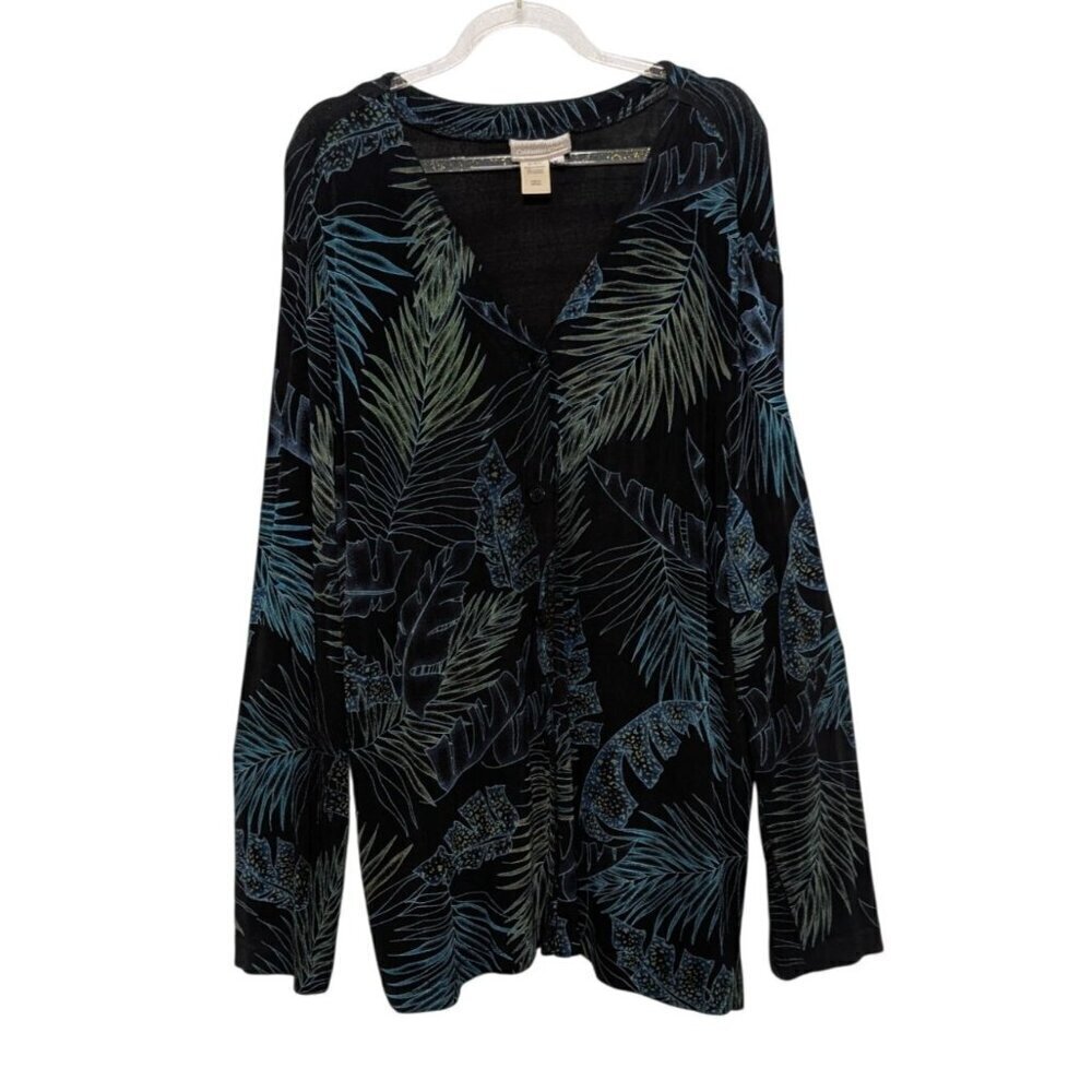 Vintage Coldwater Creek Floral Shirt Womens Size Large Black Acetate Stretch